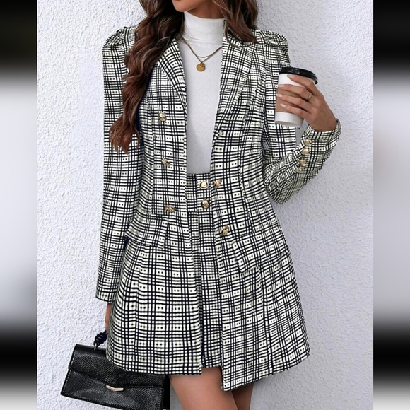 2pcs Women Elegant Plaid Blazer & Mini Skirt Set, Autumn/Winter - Picture 1 of 4